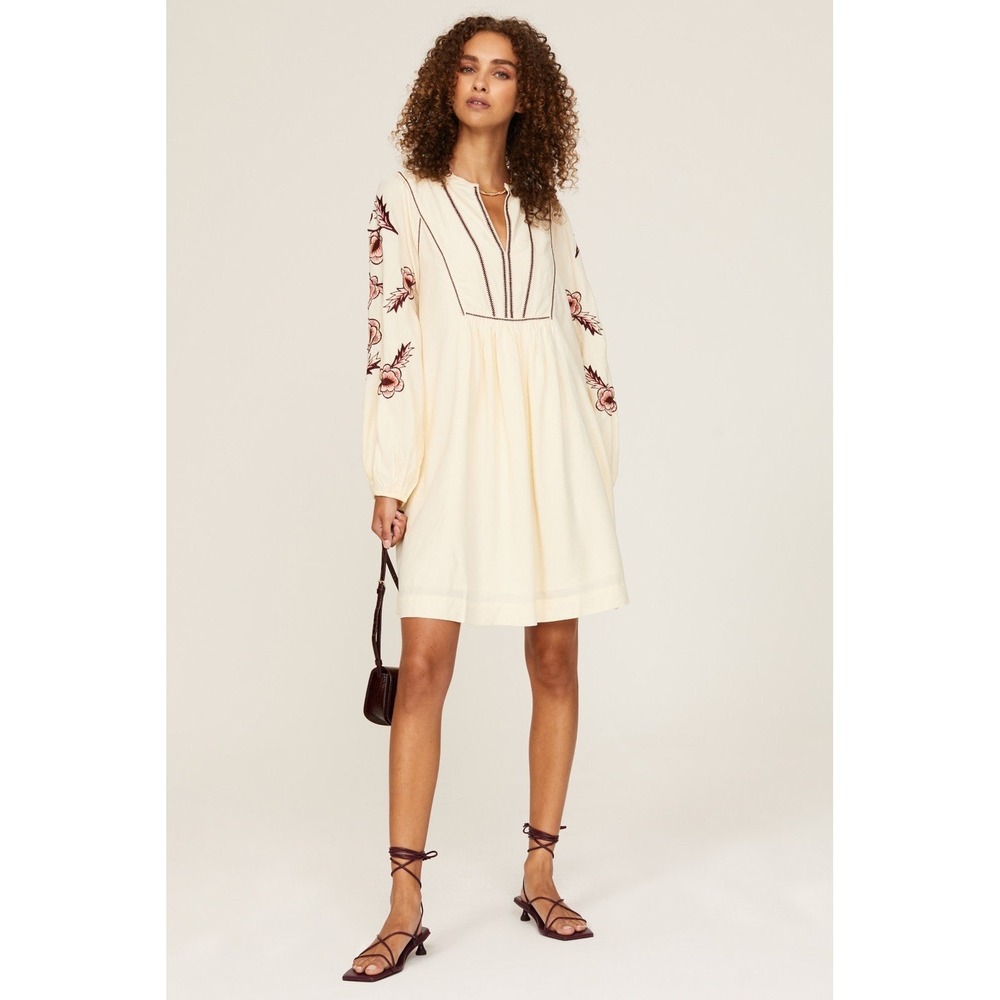 Scotch & Soda Embroidered Dress Cream Medium Boho Floral Tunic Balloon Sleeve
